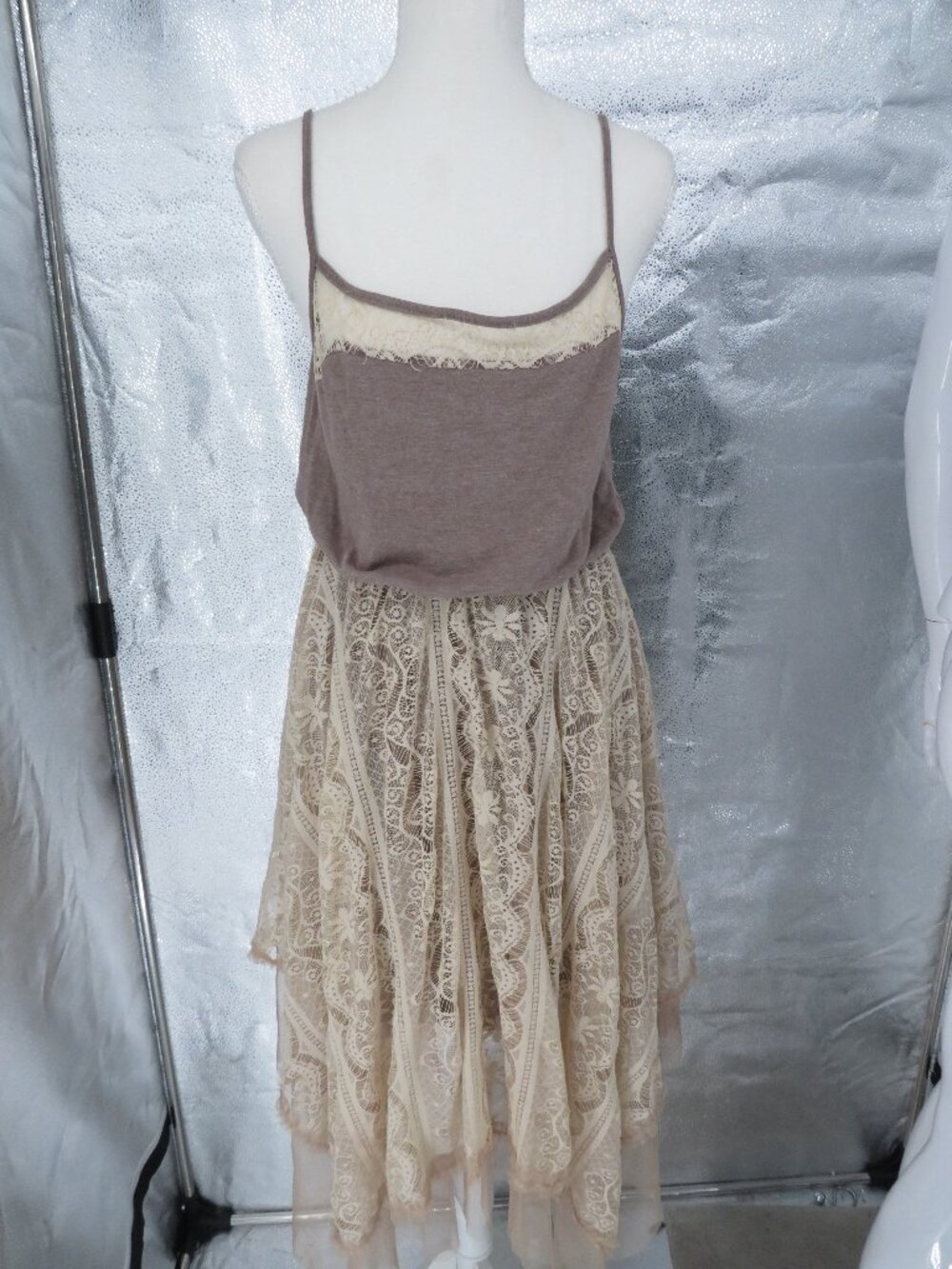 RYU Lace Midi Dress Brown Beige Size Large Boho Asymmetrical Hem Cami Spaghetti
